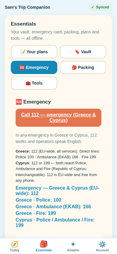 The emergency essentials screen with per-country numbers and consular contacts.