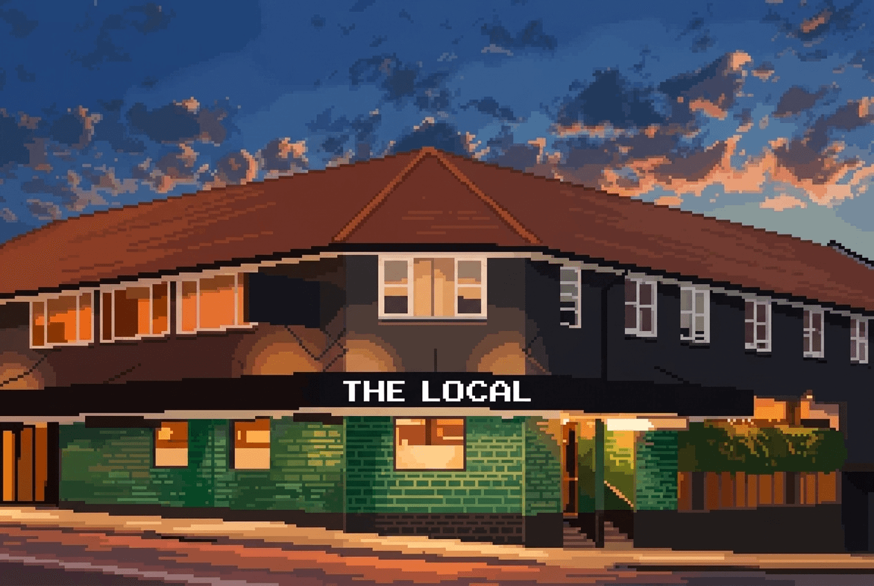 Pixel-art title screen for 'Last Drinks at The Local' — a warm, dimly lit suburban pub rendered in Stardew-style pixel art.